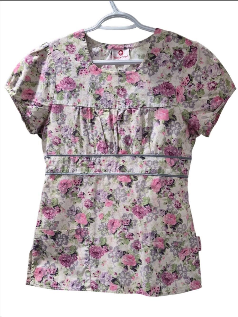 White Cross Floral Print Scrub Top in Pink Purple And Green